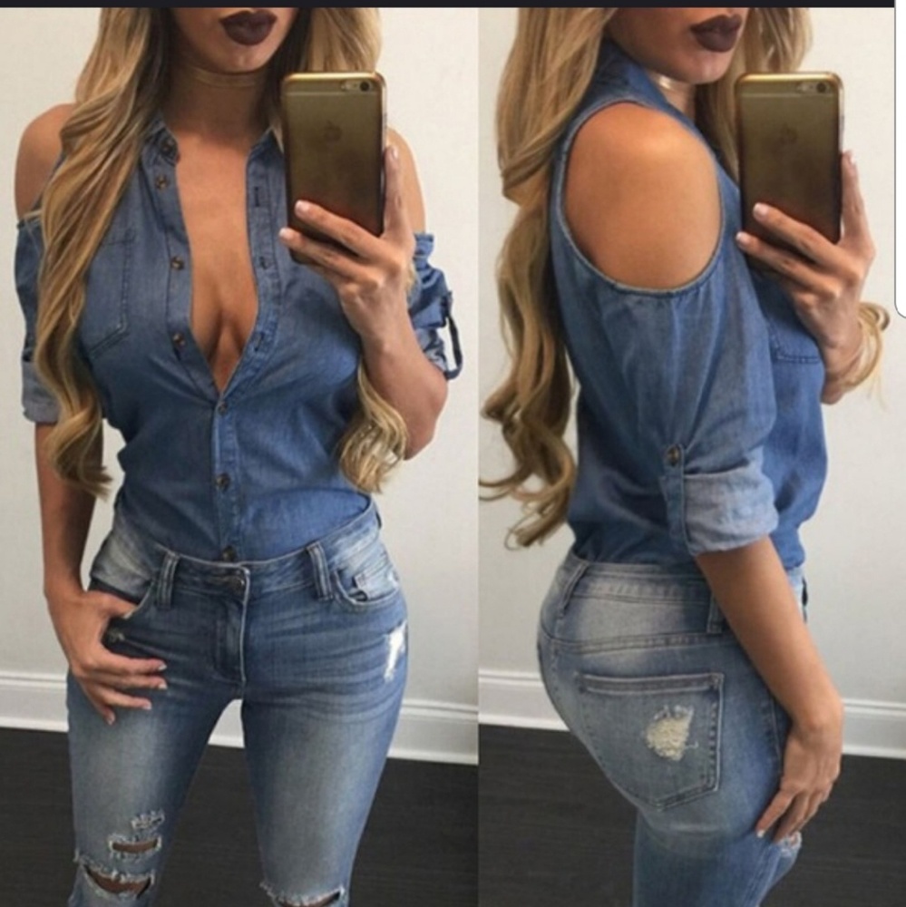 Light denim cold shoulder button down shirt.